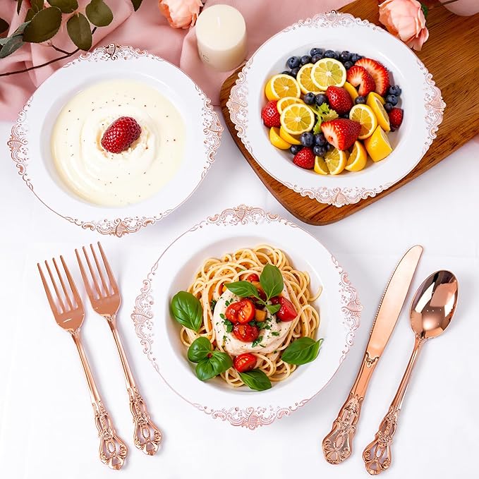 100PCS Rose Gold Plastic Bowls - 12 oz Disposable Salad Bowls - Heavy Duty Disposable Soup Bowl - Fancy Plastic Ice Cream Bowl for Weddings Parties Catering Picnics