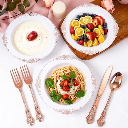 100PCS Rose Gold Plastic Bowls - 12 oz Disposable Salad Bowls - Heavy Duty Disposable Soup Bowl - Fancy Plastic Ice Cream Bowl for Weddings Parties Catering Picnics
