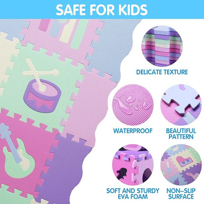 Foam Play Mat for Kids，25Pcs Square Interlocking Puzzle Floor Mat，Baby Play Mat Floor Mat Foam Puzzle Playmat for Toddlers with Fence（Musical Instrument-CSH016