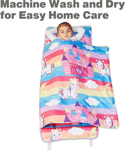 EVERYDAY KIDS Nap Mat with Removable Pillow - Unicorn Dreams - Carry Handle with Straps Closure, Rollup Design, Soft Microfiber for Preschool, Daycare, Travel Sleeping Bag - Ages 3-6 Years