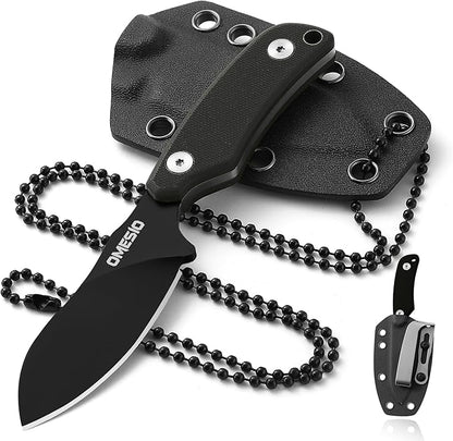Omesio Neck Knife, 5.82" Small Fixed Blade Tactical Knife, Compact Full Tang EDC Neck Knife with Sheath and Clip, Nessmuk D2 Steel G10 Handle Mini Knife Necklace for Outdoor, Hiking, Camping