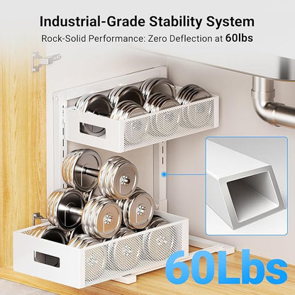 Pull-out Under Kitchen Sink Organizer, Metal Functional Under Sink Organizer, Height Adjustable Under Bathroom Sink Organizer, Under Sink Storage for Kitchen Bathroom Cabinet (White)