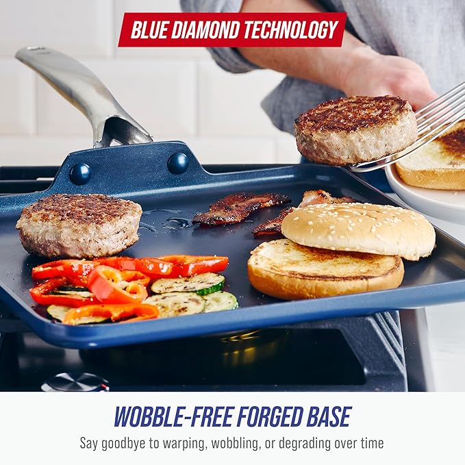 Blue Diamond 11" Nonstick Square Griddle Pan, Non Toxic PFAS-Free Diamond