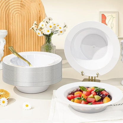 BESTVIP 100 Pack White Plastic Bowls, 12 oz Disposable Soup Bowls, Heavy-duty Dessert Salad Bowl for Christmas, Thanksgiving, Party, Wedding, Dinner, Catering