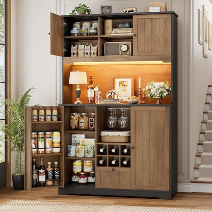 FINETONES 71" Pantry Cabinet with LED Light and Charging Station, Kitchen Pantry Cabinet with Microwave Stand, Kitchen Hutch Food Storage Cabinet with Outlet and Wine Racks, Black/Brown