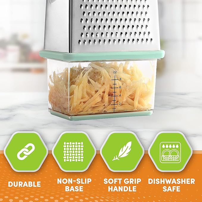 Spring Chef Professional 10" Parmesan Cheese Grater With Container, Stainless Steel & Soft Grip Handle, Handheld Kitchen Cheese Shredder, Box Grater with 4 Sides for Potato, Carrot, Veggie - Mint
