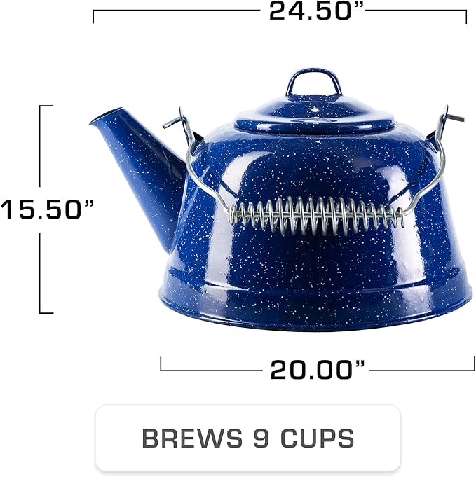 COLETTI Classic Camping Tea Kettle Stovetop — Travel Kettle, Camp Tea Pot for Stove — Chipping-Resistant German-Imported Enamel Coating [Blue Enamel, 9 Cups]