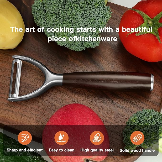 Premium Y Type 304 Stainless Steel Multifunctional Kitchen Peeler Real Wood Handle Ultra Sharp Blade Vegetable Potato Apple(Carbonized Wood)