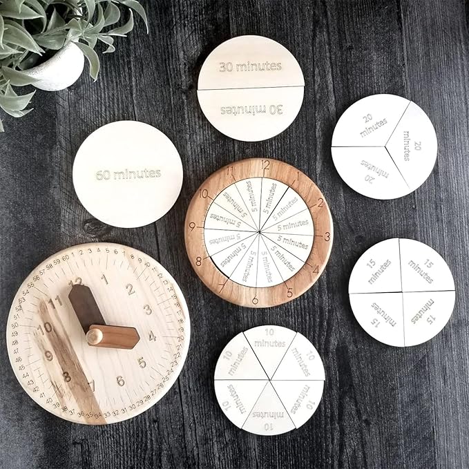 Wooden Time Fraction Learning Clock, Cognitive Education Puzzle Toys for Children Learning to Tell Time Set Up for an Hour (Wood)