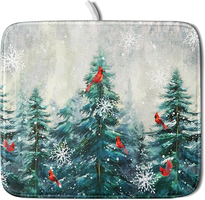 Pine Tree Dish Drying Mat for Kitchen Countertop Red Bird Dishes Mats Winter