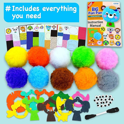 EZCRA Big Pom Pom Animal Craft Kit for Kids Ages 4-6 - DIY Pom Pom Crafts for Girls Boys Toddlers - Make 10 Plush Animals - Mess Free Arts and Crafts Kit