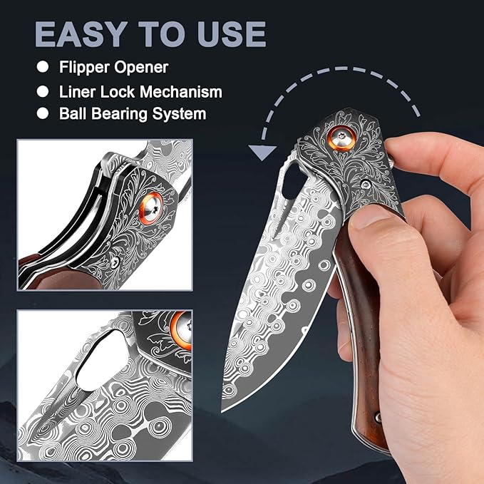 Damascus Pocket Knife with Sheath, 3.35" Damascus Steel Blade Knife with Wooden Handle, EDC Pocket Knives & Folding Knives for Outdoor Camping, Ideal Gifts for Men Women