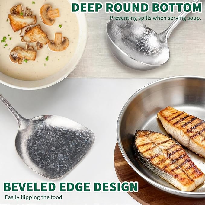 Newness Soup Ladle and Solid Turner, Resilient Pure Titanium Soup Spoon and