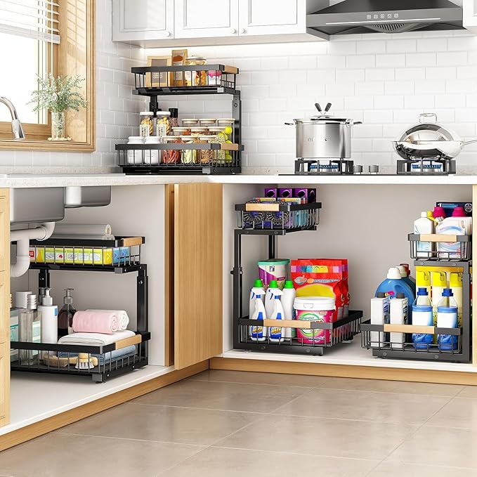 PXRACK 2 PACK Under Sink Organizer,Adjustable Height,2 Tier Pull Out Under Cabinet Organizer,Thickened Metal Shelf,Slide Out Under Sink Storage for Kitchen Bathroom Cabinet Laundry