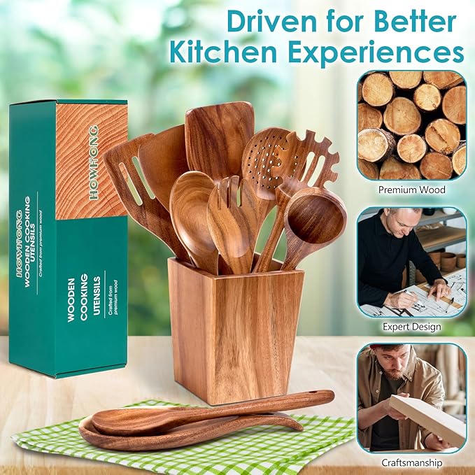 HOWHONG Wooden Spoons for Cooking, Premium Acacia Wood Kitchen Utensil Set