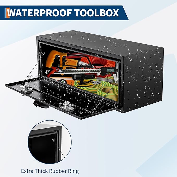 Black Steel Underbody Truck Box, 48"×18"×18" Pickup Storage Box, Heavy Duty Diamond Plate Tool Box with Lock and Keys, Waterproof Trailer Storage Box with T-Handle Latch for Truck, Van, Trailer