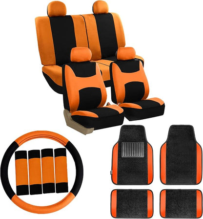 FH Group Car Seat Covers Combo Full Set with Carpet Floor mats Steering Wheel Cover and Seat Belt Pads- Universal Fit for Cars Trucks and SUVs (Orange)