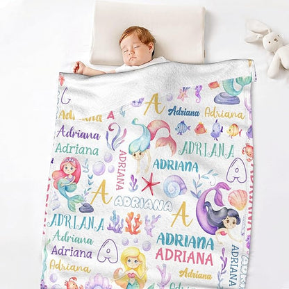 Personalized Baby Blanket for Girls Boys Kids Mermaid Custom Baby Blanket with Name Throw Birthday Gift for Toddlers Infants Shower Newborns Nursery Stroller Crib Bed Decor