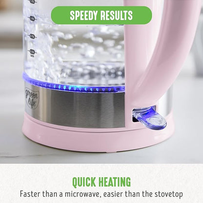 GreenLife 1.7 Liter Glass Electric Kettle, Easy One Touch Use, Quick Heating