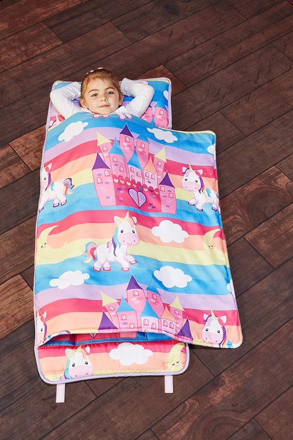 EVERYDAY KIDS Nap Mat with Removable Pillow - Unicorn Dreams - Carry Handle with Straps Closure, Rollup Design, Soft Microfiber for Preschool, Daycare, Travel Sleeping Bag - Ages 3-6 Years
