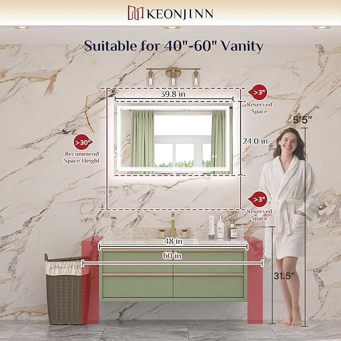 Keonjinn LED Mirror for Bathroom 40" x 24", Frontlit & Backlit Bathroom Mirror