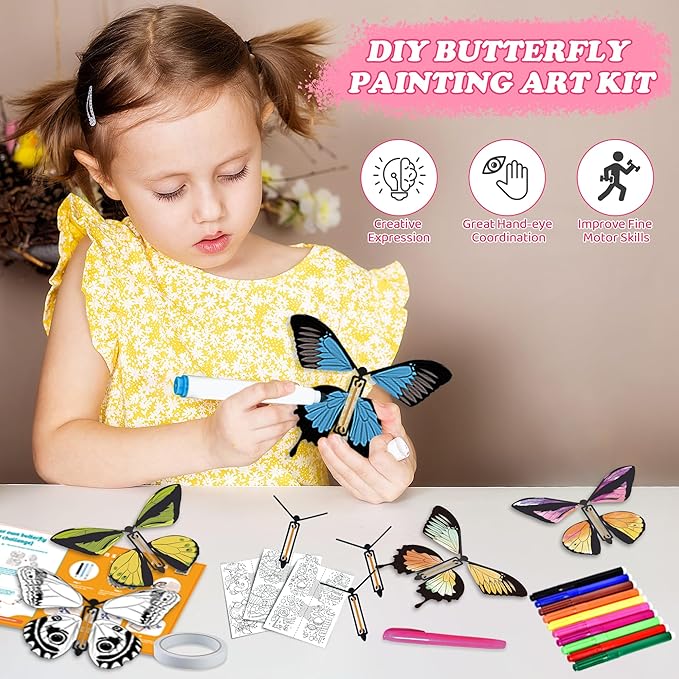 36-Pack DIY Butterfly Craft Kit for Kids - Includes 23 Paper Butterflies and 13 Color Pens, Make Your Own Rubber Band Wind Up Butterfly Toy, Perfect for Party Games, School Activities, Surprise Cards