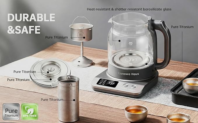 Titanium & Glass Electric Tea Kettle & Tea Maker, Pro Steam Extraction