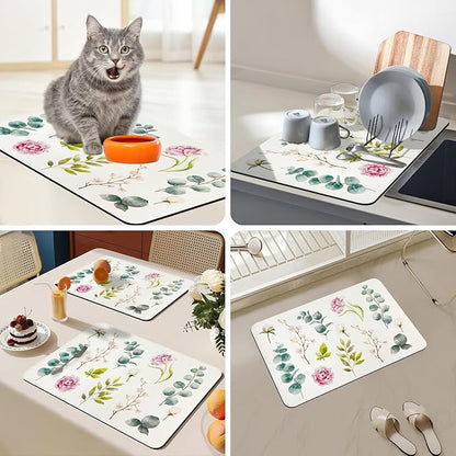 Bloss Drying Mat, Rose Flower Printed Dish Drying Mat