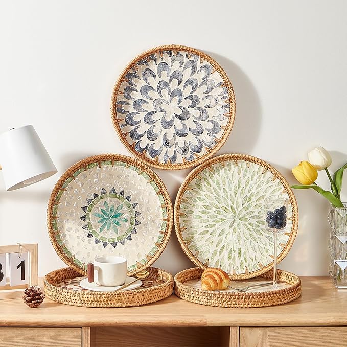 Round Rattan Tray with Mother of Pearl Inlay, Rattan Serving Tray with Wooden Base, Decorative Wicker Basket for Table Decor, Storage and Display of Coffee Bread Food Fruit (Leaf)