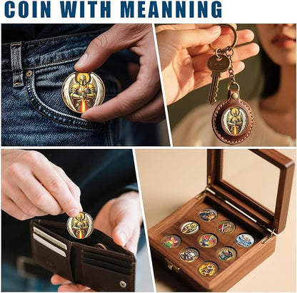 St Benedict Coin & Angel Warrior Metal Token Set - Christian Religious Medallion with Latin Prayer & Fantasy Archangel Design