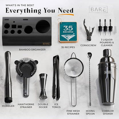 BARE BARREL® Mixology Bartender Kit Bar Set | 14-Piece Cocktail Shaker Set | Martini Barware Mixing Tools for Home Bartending | Incl. 35 Recipe Cards | Gift Set (24oz Cobbler Shaker, Jet Black/Black)