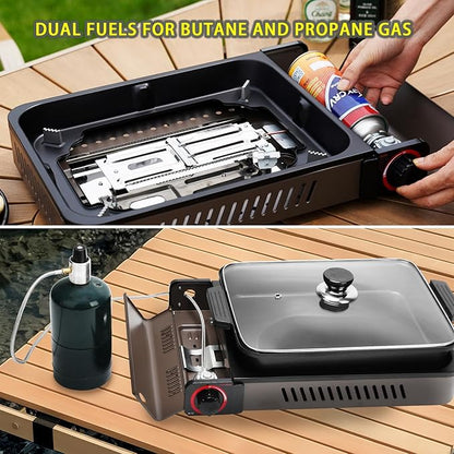 ONLYFIRE Butane Stove with Grill Pan, Portable Stove with Small Griddle & Lid, Camping Stove Instant Ignition, Camp Stove for Cooking, Patio Backyard, Camping, RV and Emergency Use, GS349
