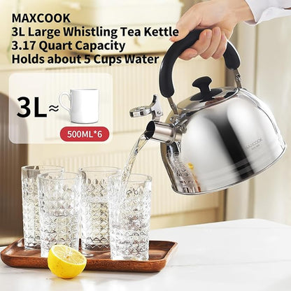 Whistling Tea Kettle, 3.17 Quart/3L Stainless Steel Tea Pot, Stove Top Tea Kettle，Induction Teakettle with Anti-Heat Handle (Mirror Polish)
