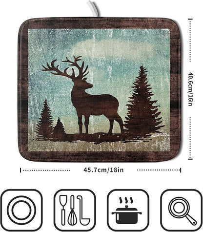 Giwawa Retro Deer Forest Cabin Silhouette Dish Drying Mat Countertop 16x18 Fall