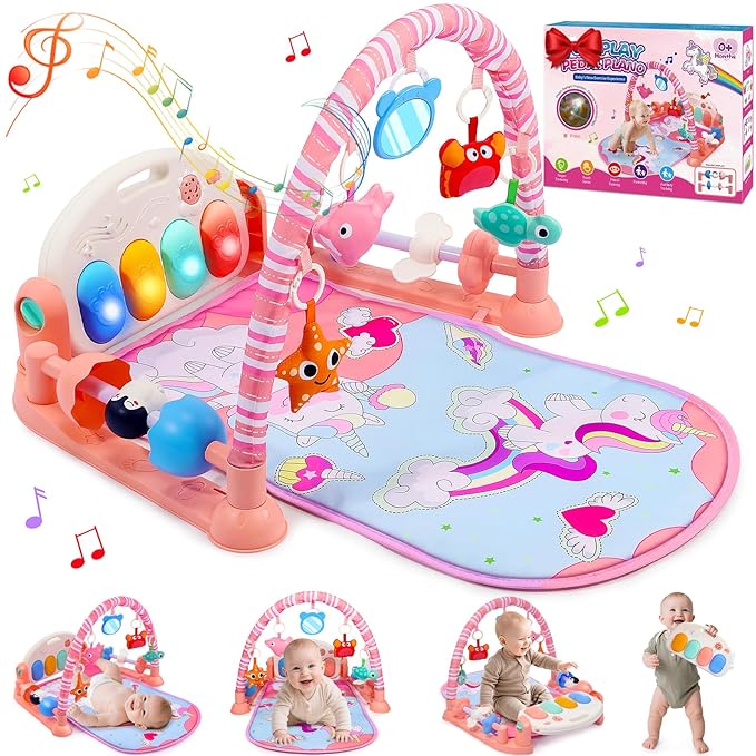 Baby Gyms Play Mats, Baby Toys Tummy Time Mat, Baby Activity Mat Play Piano Gym with 5 Sensory Toys for Babies, Music and Lights Boy & Girl Gifts for Infant Newborn Baby 0-3 4-6 6-9 6-12 Months