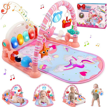 Baby Gyms Play Mats, Baby Toys Tummy Time Mat, Baby Activity Mat Play Piano Gym with 5 Sensory Toys for Babies, Music and Lights Boy & Girl Gifts for Infant Newborn Baby 0-3 4-6 6-9 6-12 Months