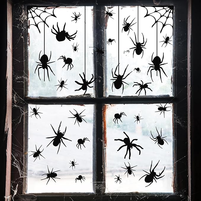 4 Sheets Spider Window Clings - Double-Sided Removable Glass Decals, Halloween Themed Window Stickers for Kids Party Decorations