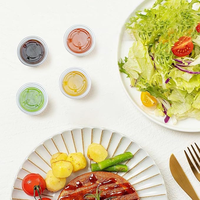 360 Set 1 oz Jello Shot Cups with Lids, Sturdy & Food Safe Disposable Plastic Portion Condiment Dipping Sauce Cups, Small Containers for Salad Dressing