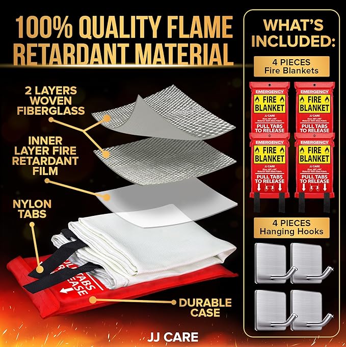 JJ CARE Fire Blanket ??4 Packs with Hooks ??Emergency Fire Blanket for Home & Kitchen, High Heat Resistant Fire Suppression Blankets for Home Safety, Kitchen, and Camping