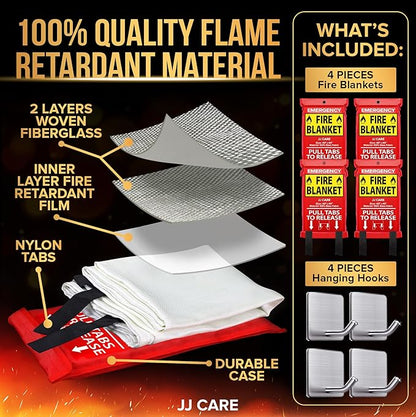 JJ CARE Fire Blanket ??4 Packs with Hooks ??Emergency Fire Blanket for Home & Kitchen, High Heat Resistant Fire Suppression Blankets for Home Safety, Kitchen, and Camping
