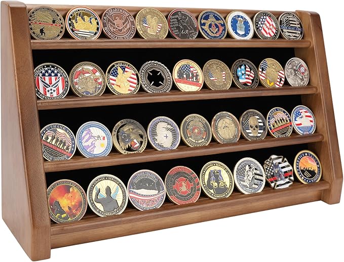 4 Rows Military Challenge Coin Holder Display Holds 32 Coins, Solid Wood Army Coin Rack Display Case Stand for Wall Mount or Tabletop, Walnut