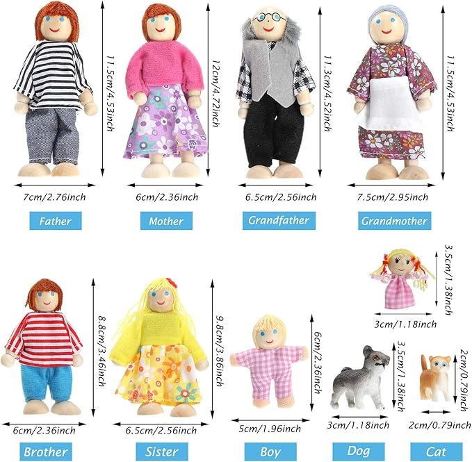 Skylety 10 Pcs Wooden Dollhouse Set of Mini People Figures Dollhouse Dolls Wooden Doll Play Figures Accessories(Classic Style)