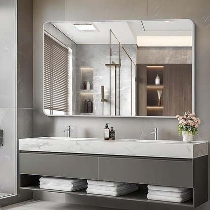 55x36 Inch Silver Bathroom Mirror, Large Rectangular Vanity Mirror, Metal