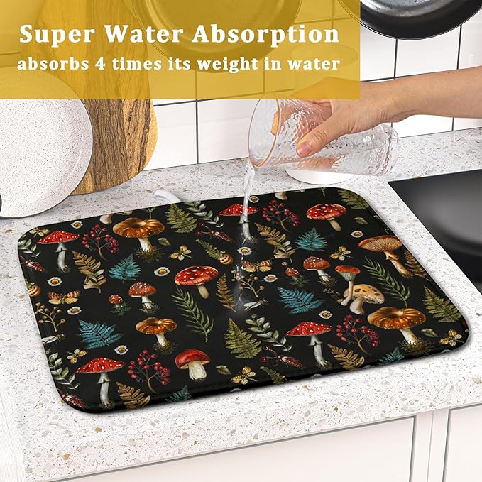 Mushroom Forest Dish Drying Mat Fern Leaves Black Drainer Mat