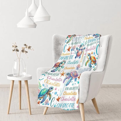 Personalized Baby Blanket for Girls Boys Kids Sea Turtle Custom Baby Blanket with Name Throw Birthday Gift for Toddlers Infants Shower Newborns Nursery Stroller Crib Bed Decor