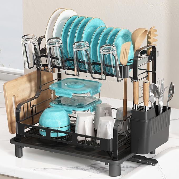 BOOSINY Dish Drying Rack, 2 Tier Large Stainless Steel Black Dish Rack