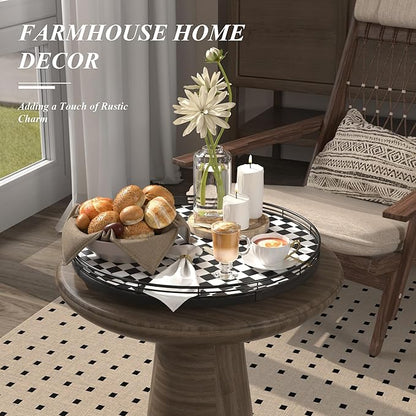 16" Black and White Kitchen Lazy Susan Turntable, Round Checkered Decorative