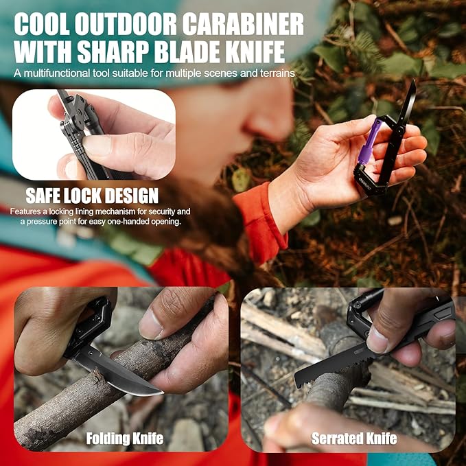 Carabiner Multitool with Pocket Knives, EDC Carabiners, Serrated Knife, Rope Cutter, Screwdriver, Can Bottle Opener, Ruler, Folding Knife for Camping Hiking, Gifts for Men (Purple)