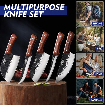 Topfeel Butcher Knife Set 5PCS, Hand Forged Kitchen Knives Set Serbian Chef