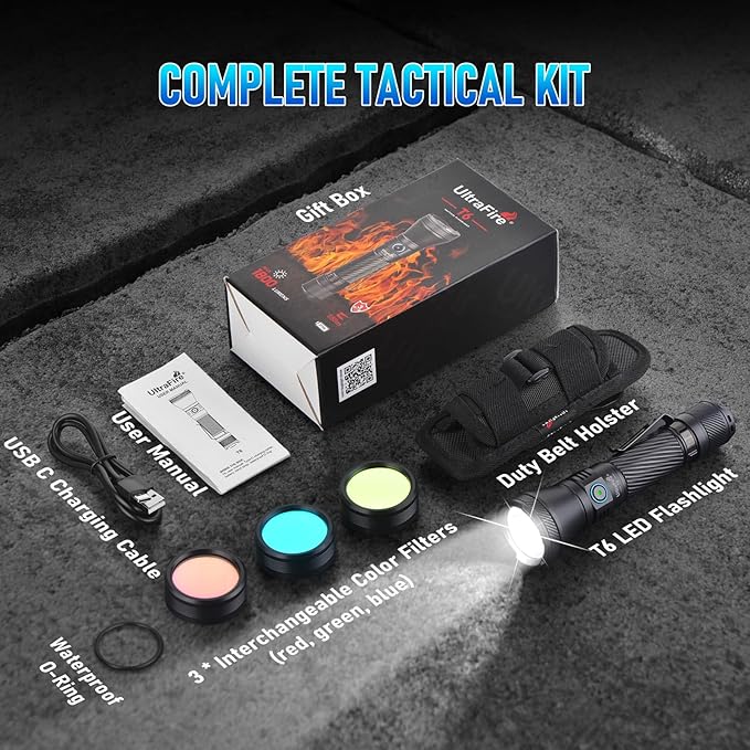 ULTRAFIRE Police Tactical Flashlight with Holster for Duty Belt, 1800 Lumen LED Rechargeable Flashlight for Law Enforcement, 1804 FT Long Range, 3 Filter Lenses, 4 Modes with Dual Switches